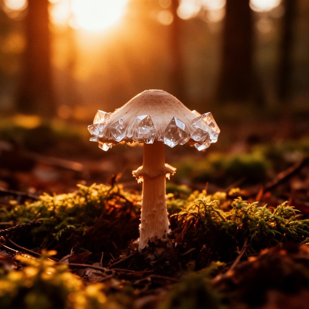 Wild crystalline mushroom on a forest floor at golden hour